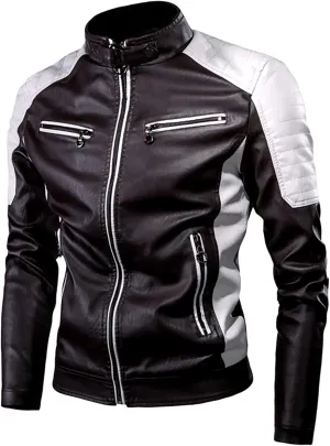 Men's Faux Leather Jacket Stand Collar Motorcycle Leather Jackets Casual Lightweight Zip Up Biker Coat