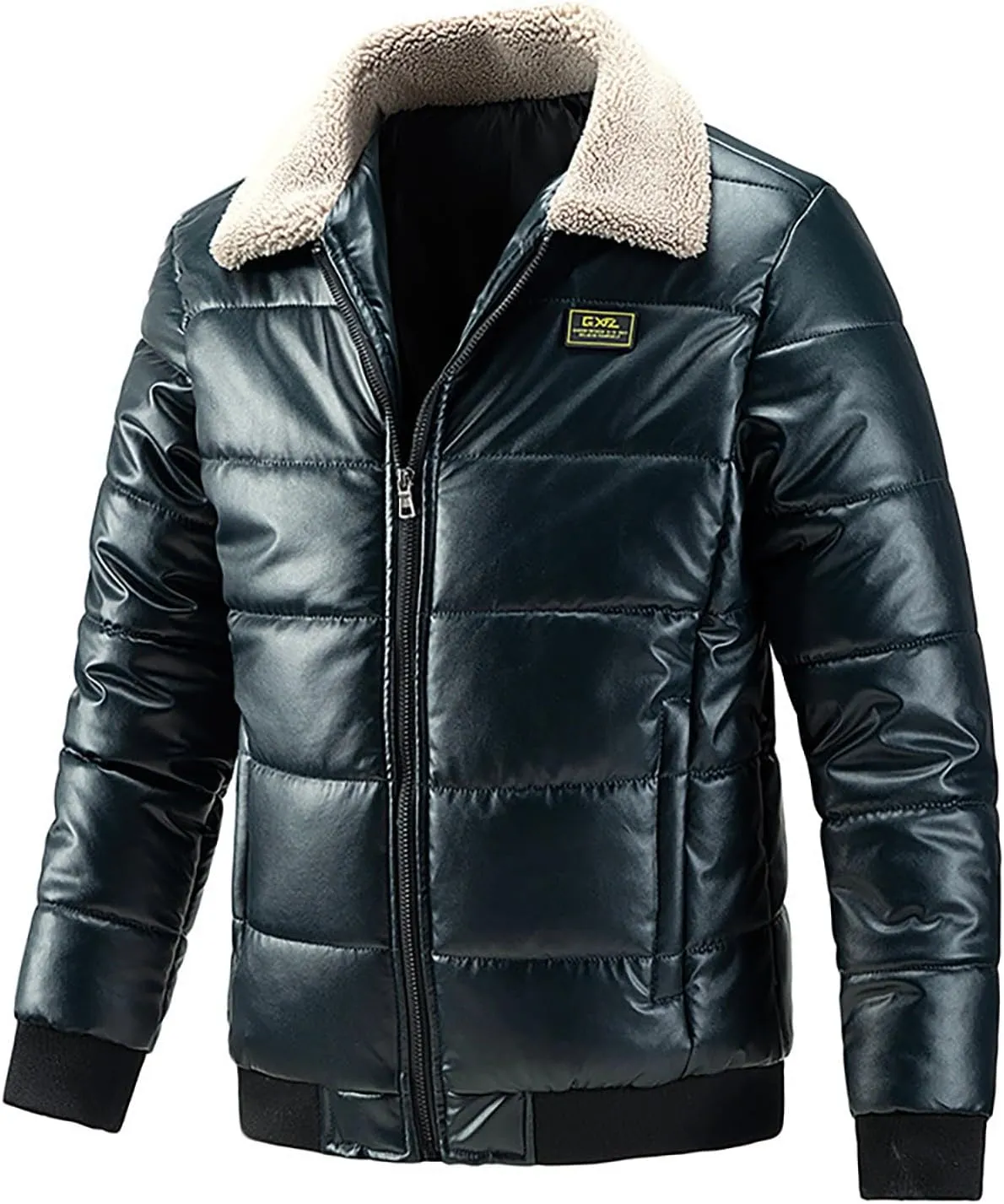 Men's Faux Leather Winter Coats PU Motorcycle Bomber Jacket With Sherpa Collar Zip Up Thicken Quilted Puffer Jackets