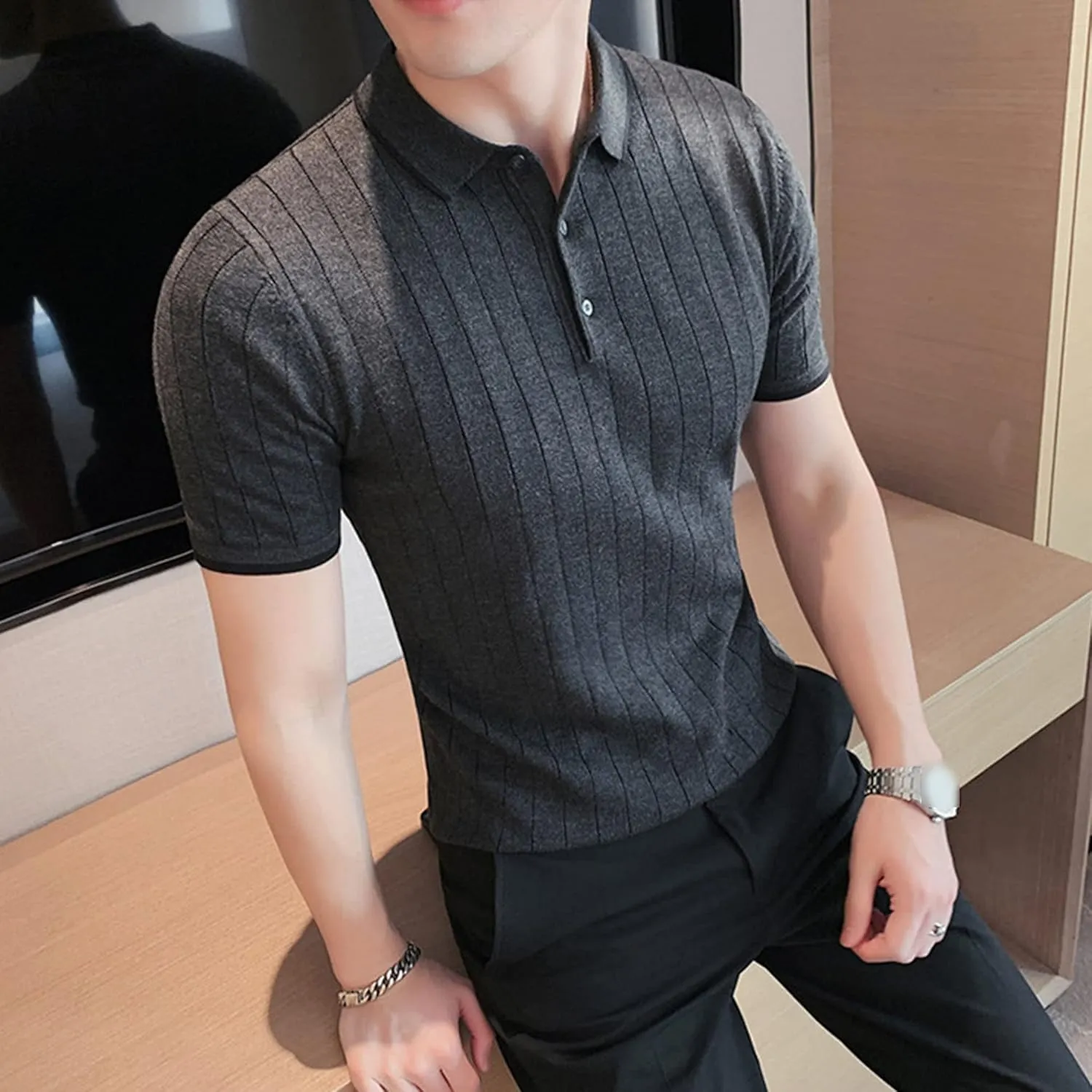 Mens Knit Polo Shirts Short Sleeve Fashion Vintage Sweater Henley Shirts Summer Casual Shirts Golf Pullover