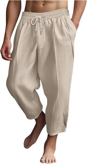 Mens Lightweight Linen Pants Solid Color Summer Sweatpants Lounge Classic Fit Beach Yoga Trousers Outdoor Joggers