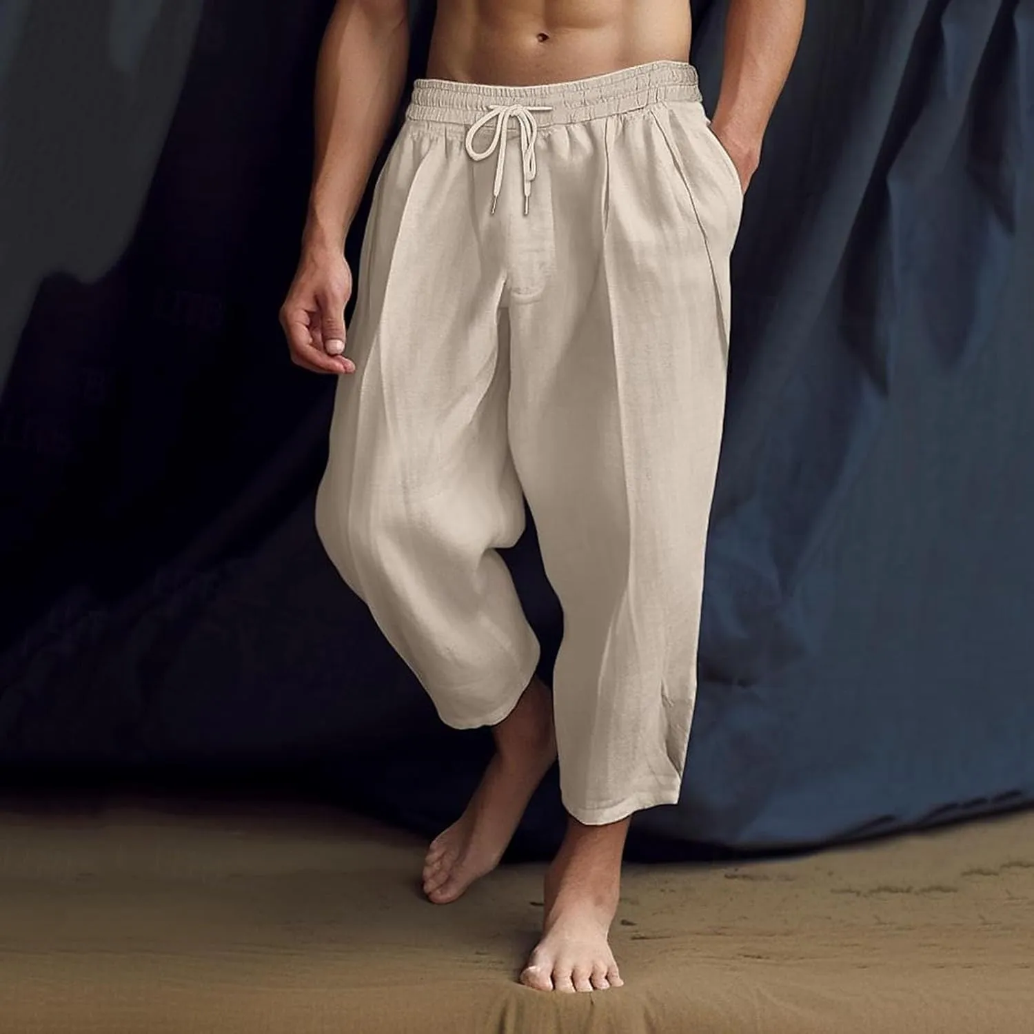 Mens Lightweight Linen Pants Solid Color Summer Sweatpants Lounge Classic Fit Beach Yoga Trousers Outdoor Joggers