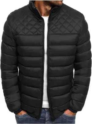 Men's Lightweight Quilted Jacket Solid Color Loose Jacket Stand Collar Zipper Cotton-Padded Coat Warm Fall Winter