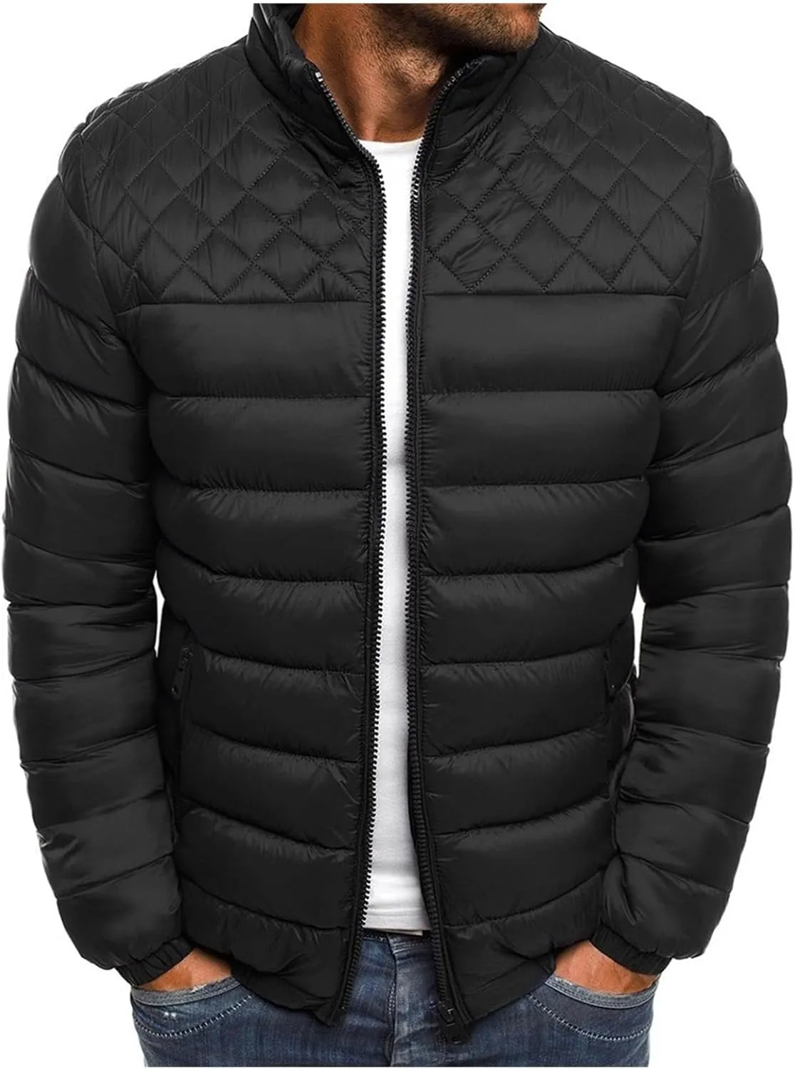 Men's Lightweight Quilted Jacket Solid Color Loose Jacket Stand Collar Zipper Cotton-Padded Coat Warm Fall Winter
