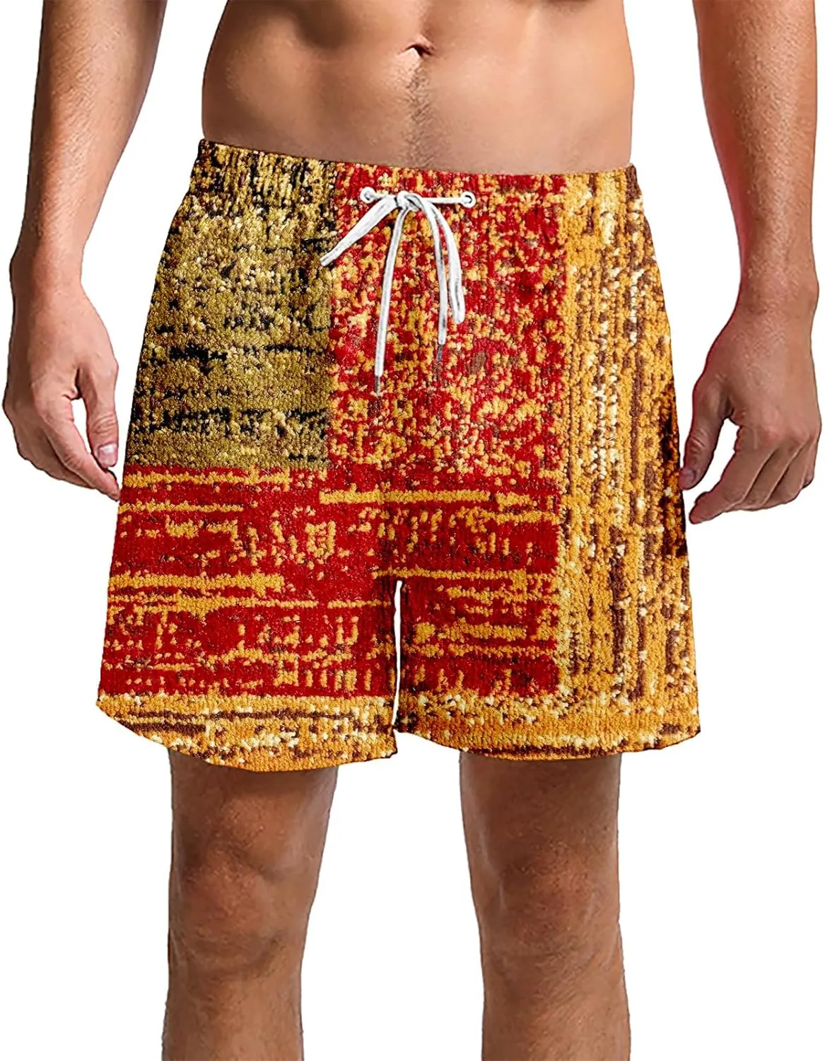 Mens Linen Plaid Bermuda Shorts Ethnic Pattern Jogger Shorts Summer Straight Drawstring Beach Short with Pockets