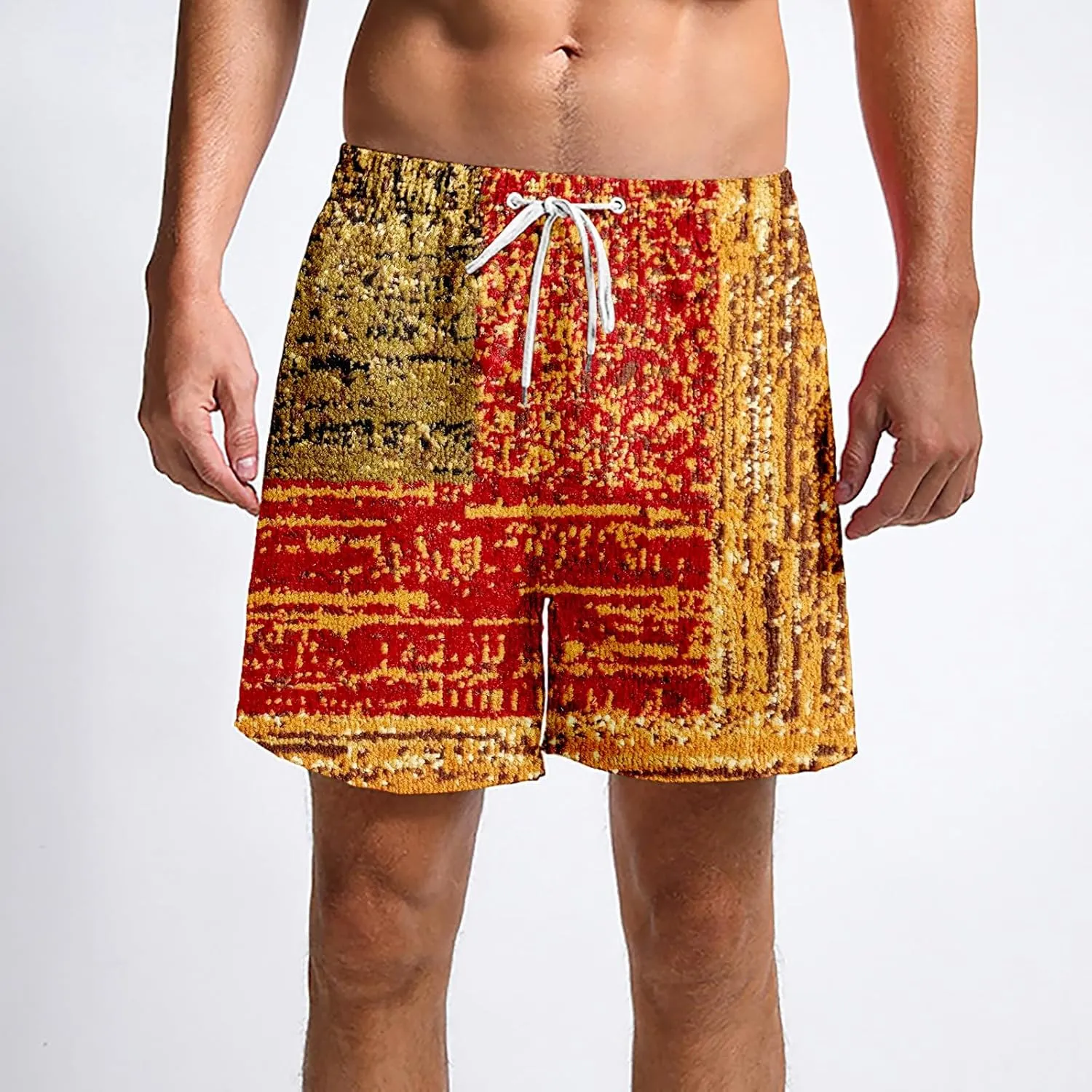 Mens Linen Plaid Bermuda Shorts Ethnic Pattern Jogger Shorts Summer Straight Drawstring Beach Short with Pockets