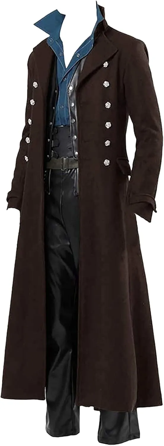 Mens Long Trench Coat Steampunk Gothic Robe Vintage Windbreaker Jackets Slim Fit Victorian Halloween Cosplay Costume