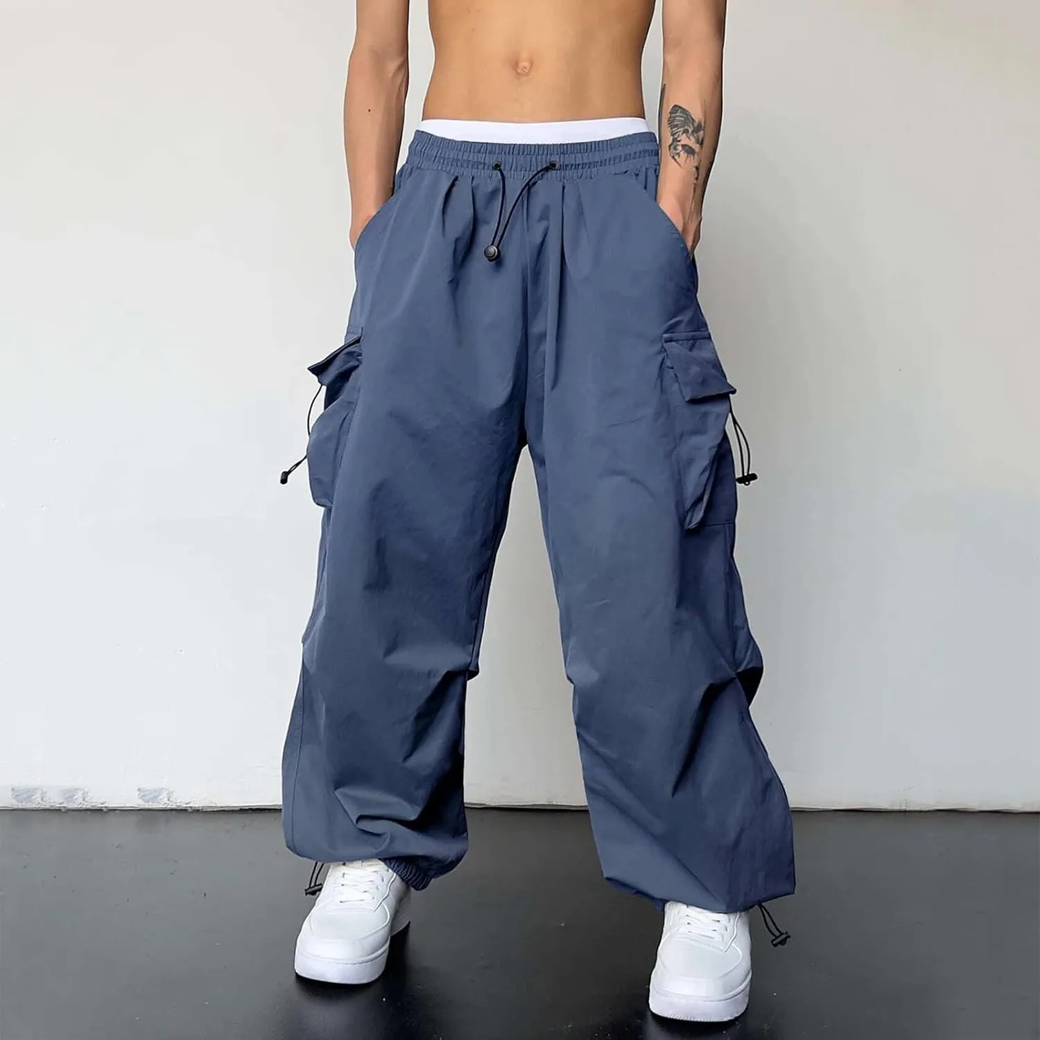 Mens Parachute Cargo Pants Casual Stretchy Elasticated Waist Pant Track Pants Multi Pockets