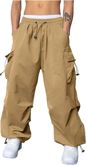 Mens Parachute Cargo Pants Casual Stretchy Elasticated Waist Pant Track Pants Multi Pockets