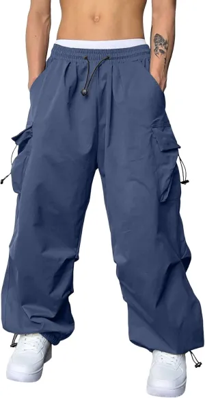 Mens Parachute Cargo Pants Casual Stretchy Elasticated Waist Pant Track Pants Multi Pockets