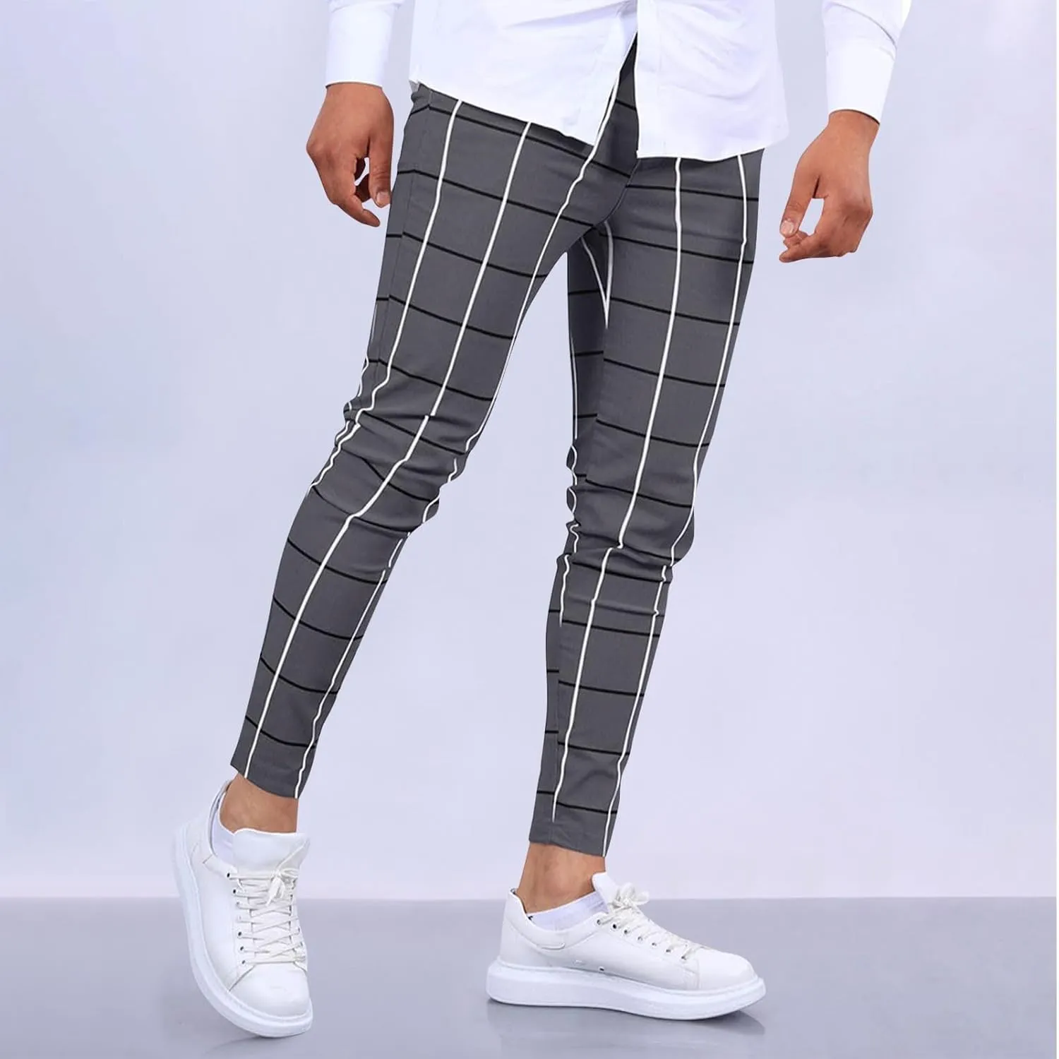 Mens Plaid Dress Pants Fashion Stretch Chino Pants Men Slim Fit Skinny Long Pants Casual Business Golf Pants