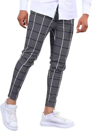 Mens Plaid Dress Pants Fashion Stretch Chino Pants Men Slim Fit Skinny Long Pants Casual Business Golf Pants