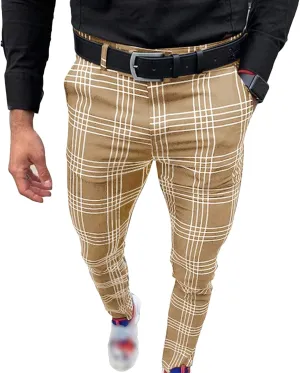 Men's Plaid Print Casual Pants Trousers Stretch Tapered Pants with Pocket Slim Fit Chinos Pants Dress Pants