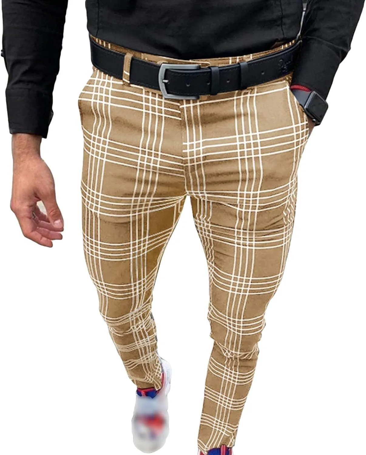 Men's Plaid Print Casual Pants Trousers Stretch Tapered Pants with Pocket Slim Fit Chinos Pants Dress Pants