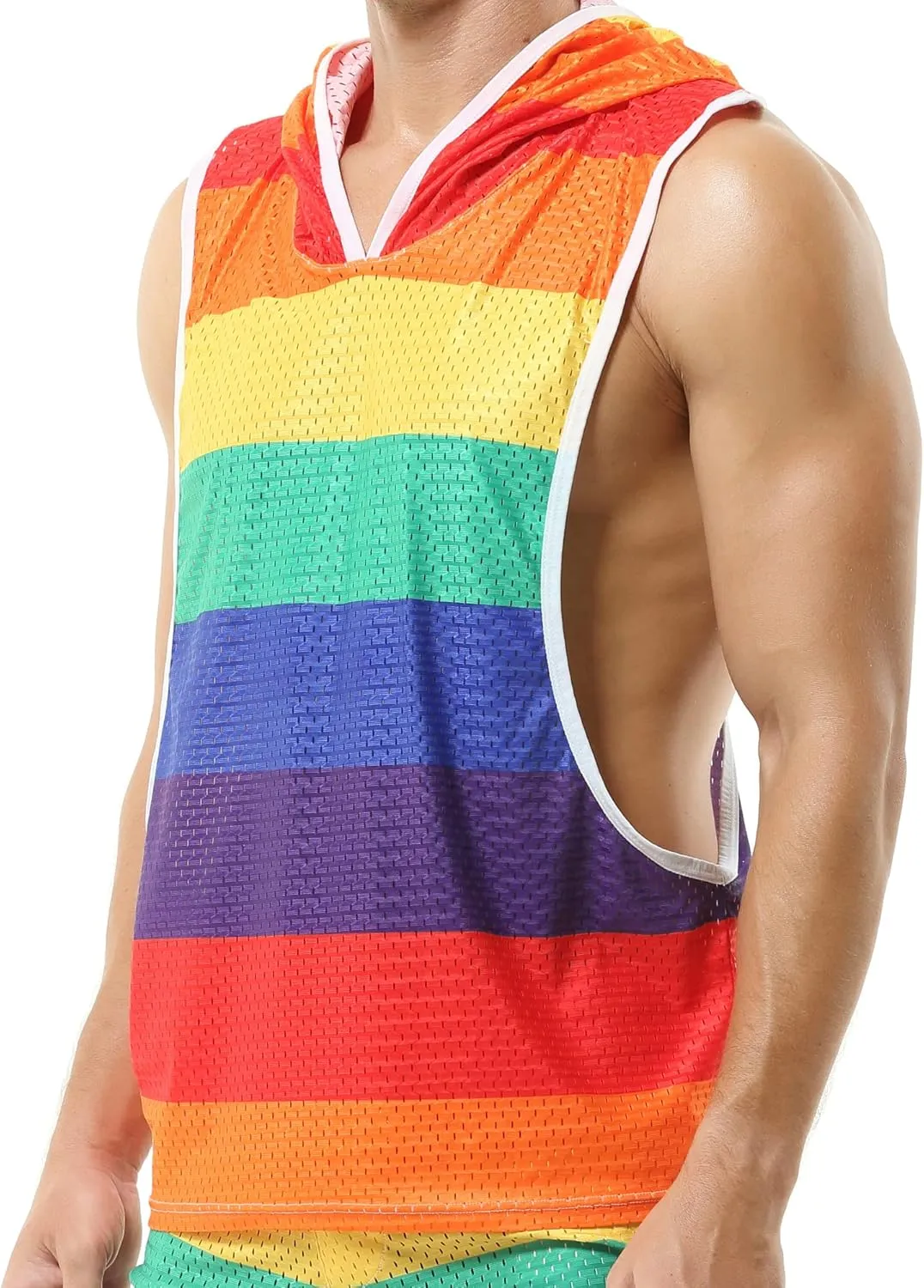 Mens Rainbow Vest Hoodies Fishnet Undershirt Mesh Tank Tops Shirt Hooded Sleeveless Vest