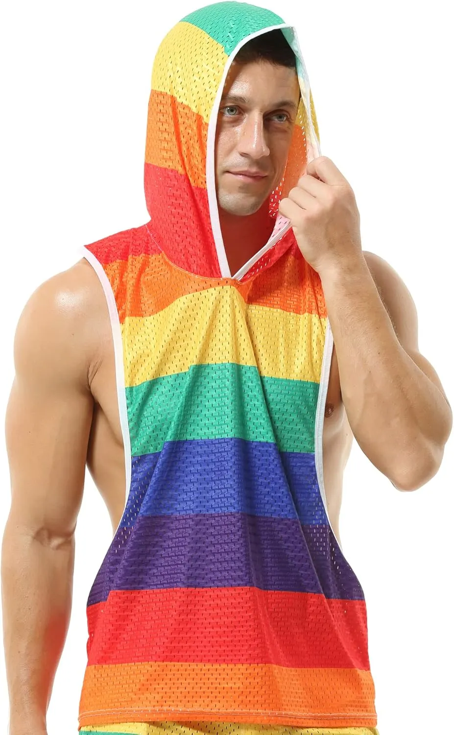 Mens Rainbow Vest Hoodies Fishnet Undershirt Mesh Tank Tops Shirt Hooded Sleeveless Vest