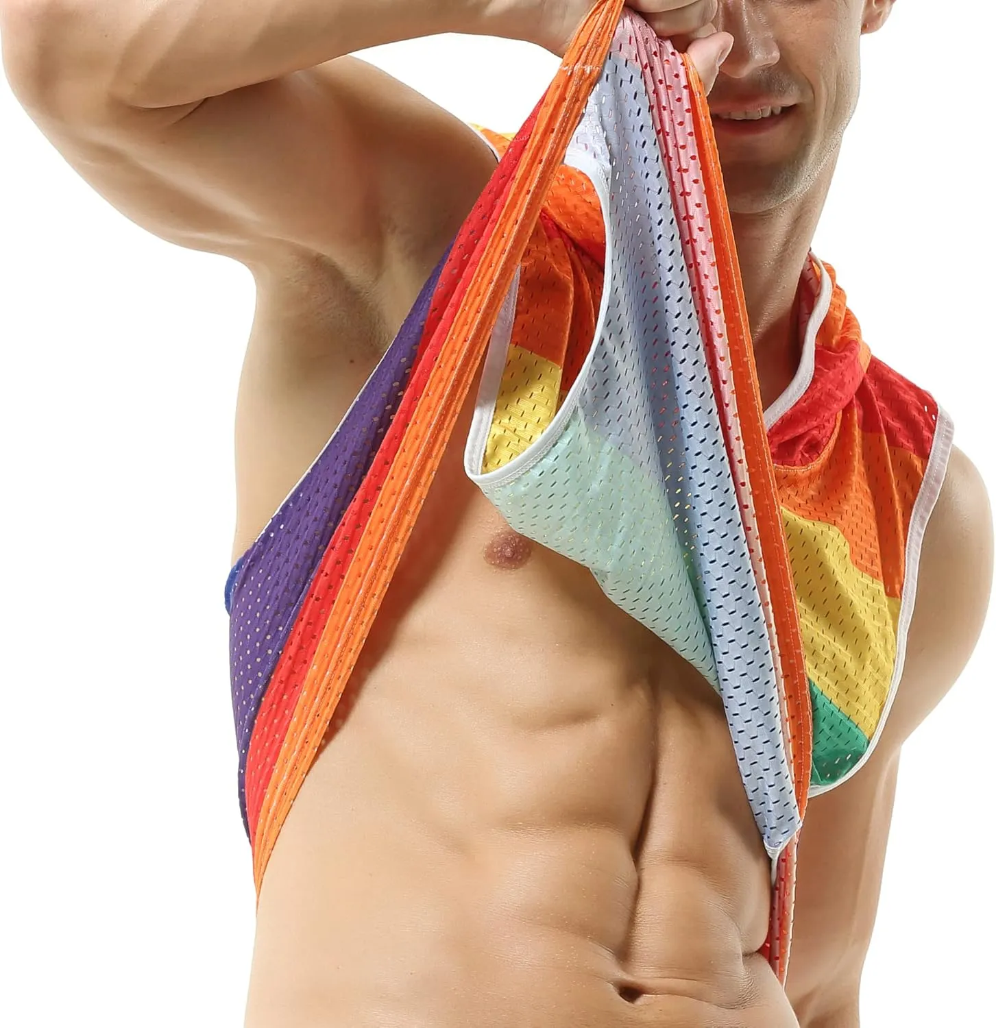 Mens Rainbow Vest Hoodies Fishnet Undershirt Mesh Tank Tops Shirt Hooded Sleeveless Vest
