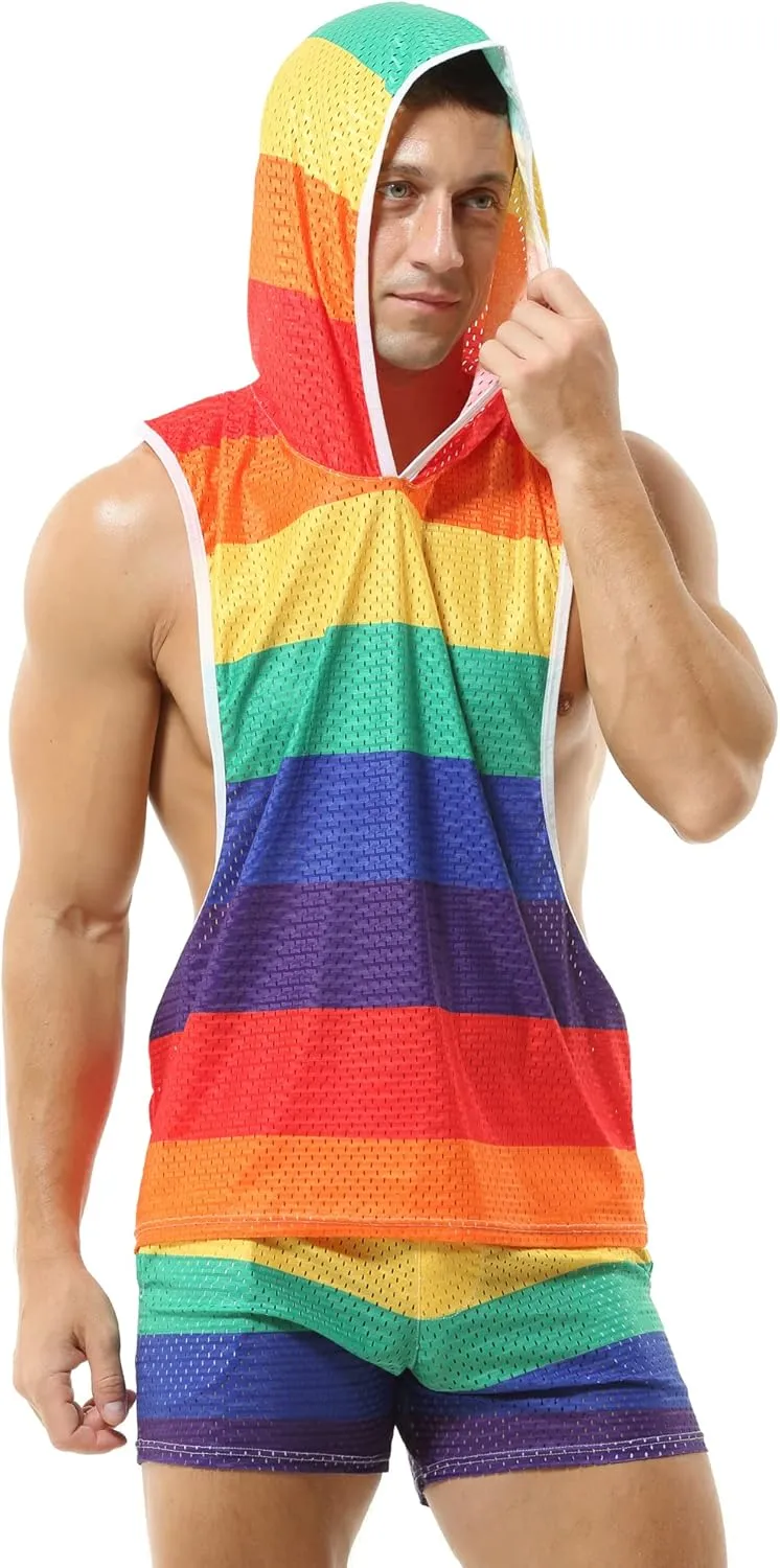 Mens Rainbow Vest Hoodies Fishnet Undershirt Mesh Tank Tops Shirt Hooded Sleeveless Vest
