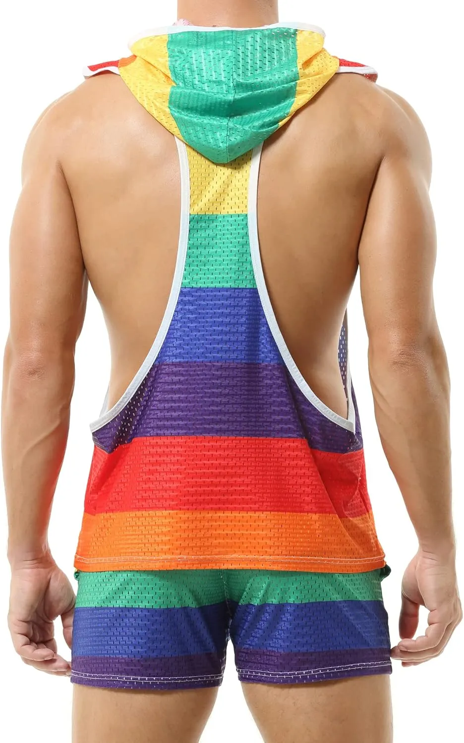 Mens Rainbow Vest Hoodies Fishnet Undershirt Mesh Tank Tops Shirt Hooded Sleeveless Vest
