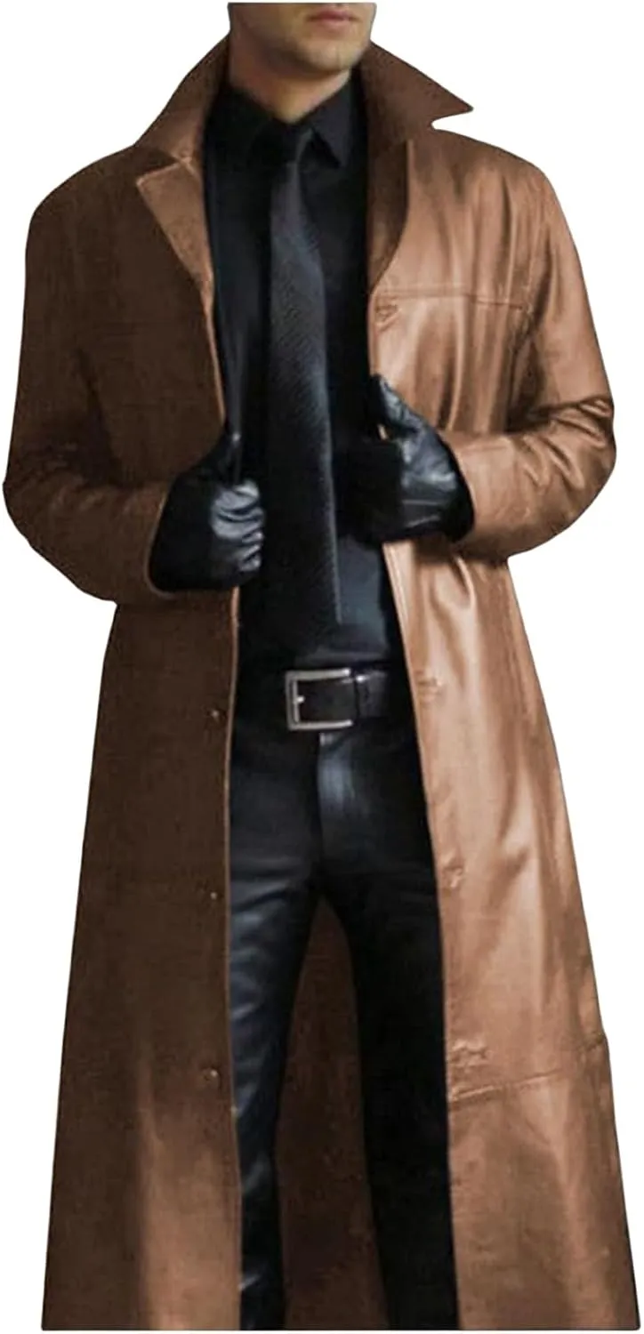 Mens Retro Black Leather Jacket Long Steampunk Trench Coat German Faux Leather Coat Military Officer Uniform Overcoat