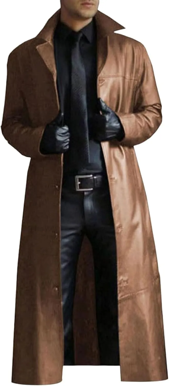 Mens Retro Black Leather Jacket Long Steampunk Trench Coat German Faux Leather Coat Military Officer Uniform Overcoat
