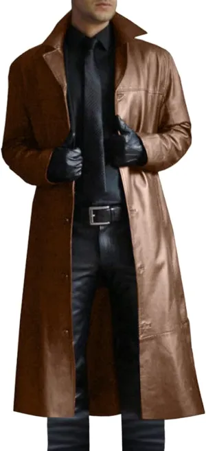 Mens Retro Black Leather Jacket Long Steampunk Trench Coat German Faux Leather Coat Military Officer Uniform Overcoat