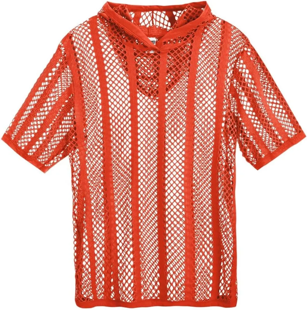 Men's Sexy See Through Fishnet Hoodies Short Sleeve T-Shirt Sheer Mesh Pullover