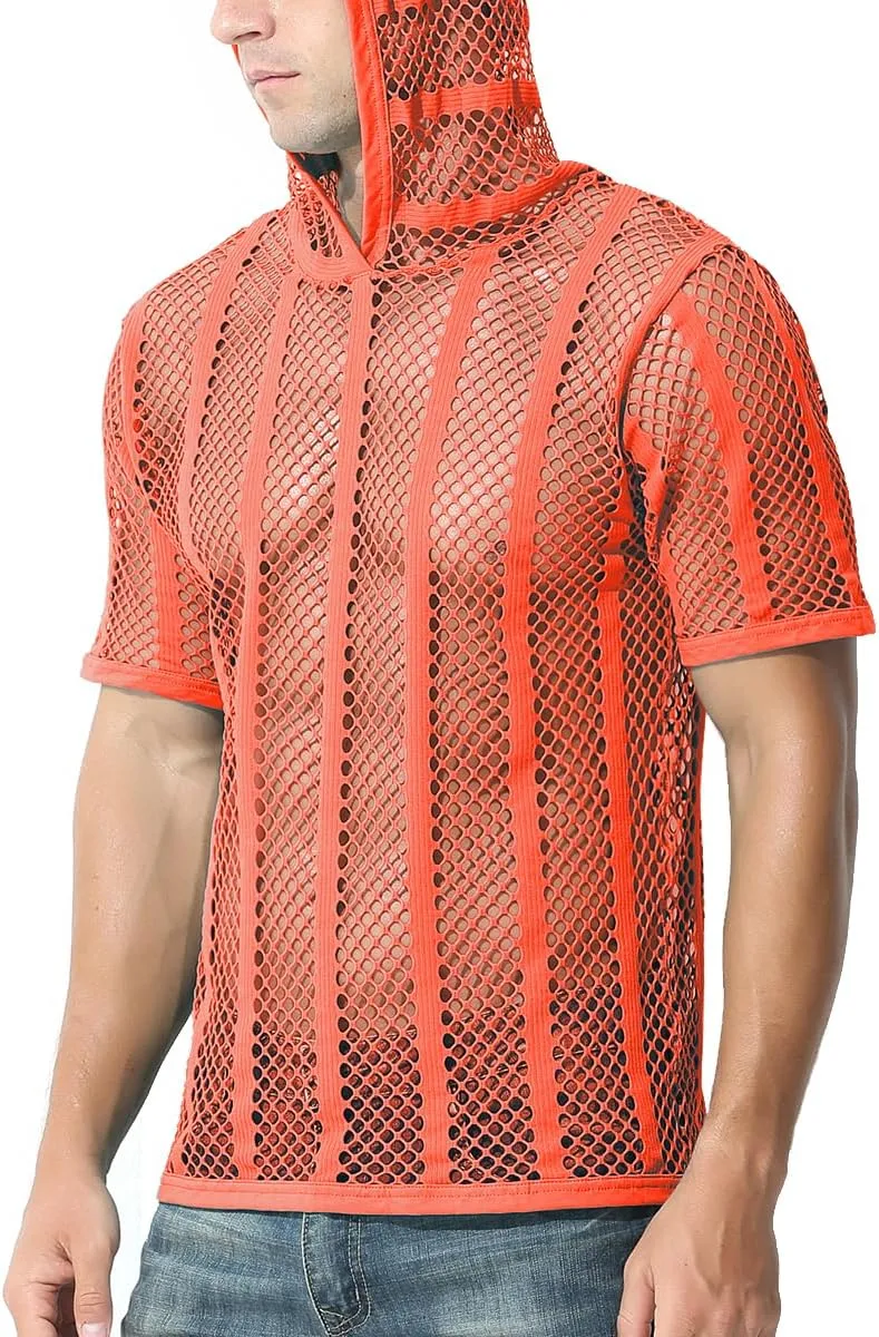 Men's Sexy See Through Fishnet Hoodies Short Sleeve T-Shirt Sheer Mesh Pullover