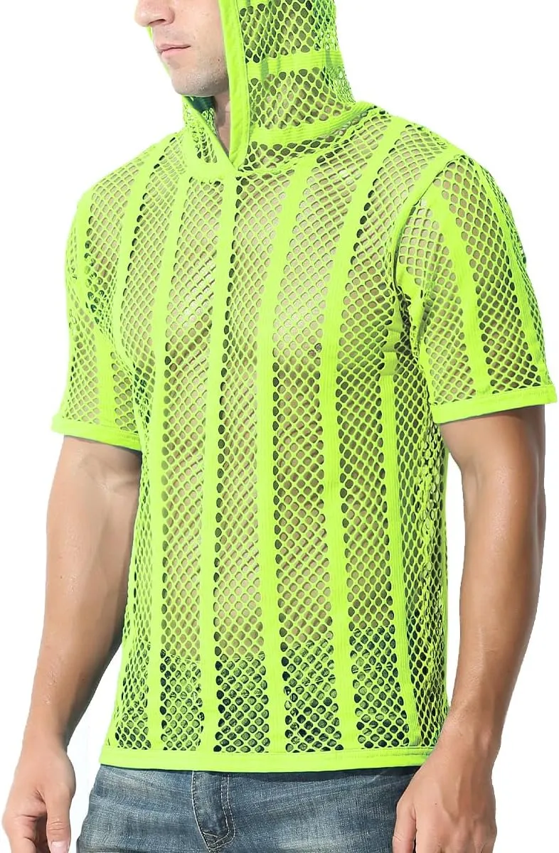 Men's Sexy See Through Fishnet Hoodies Short Sleeve T-Shirt Sheer Mesh Pullover