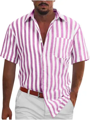 Mens Shirts 2023 Casual Stylish Button Down Striped Chambray Collar Beach Shirts Summer Short Sleeve Dress Shirts