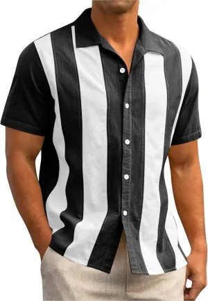 Mens Short Sleeve Button Down Shirts Linen Shirts for Men Collared Summer Beach T-Shirts Vacation Tops