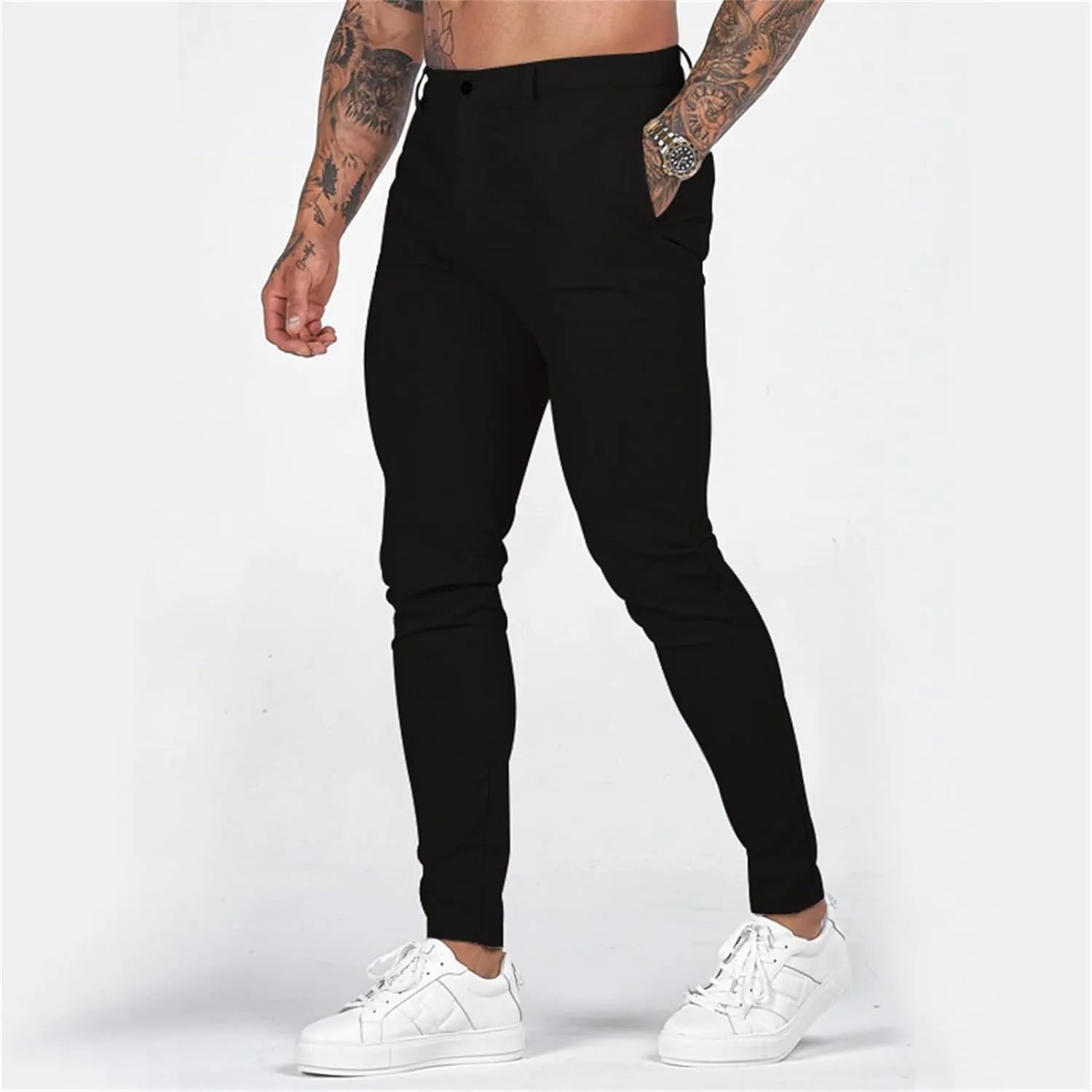 Mens Slim Fit Dress Pencil Pants Classic Flat Front Straight Leg Chinos Pants Business Suit Work Casual Golf Trousers