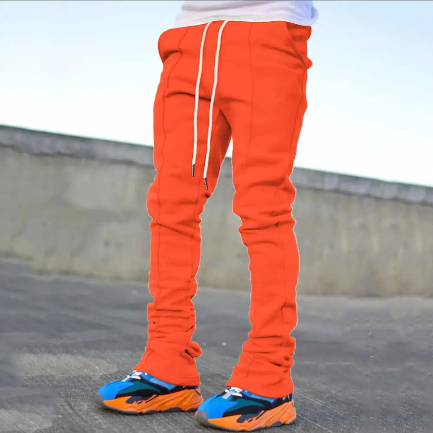 Mens Sports Casual Four Season Long Flared Trousers Slim Fit Tie Elastic Waist Solid Color Comfy Long Training Pants