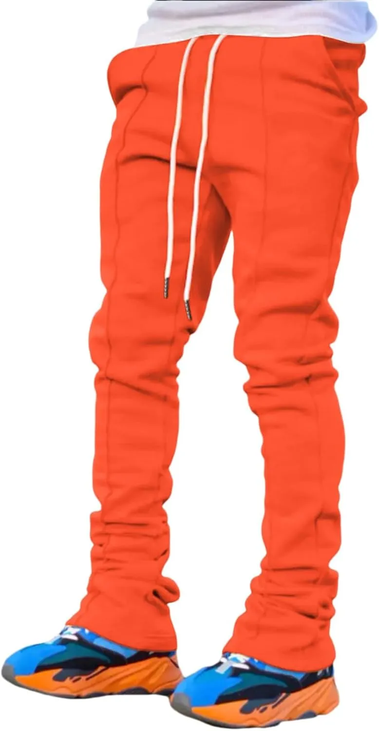 Mens Sports Casual Four Season Long Flared Trousers Slim Fit Tie Elastic Waist Solid Color Comfy Long Training Pants