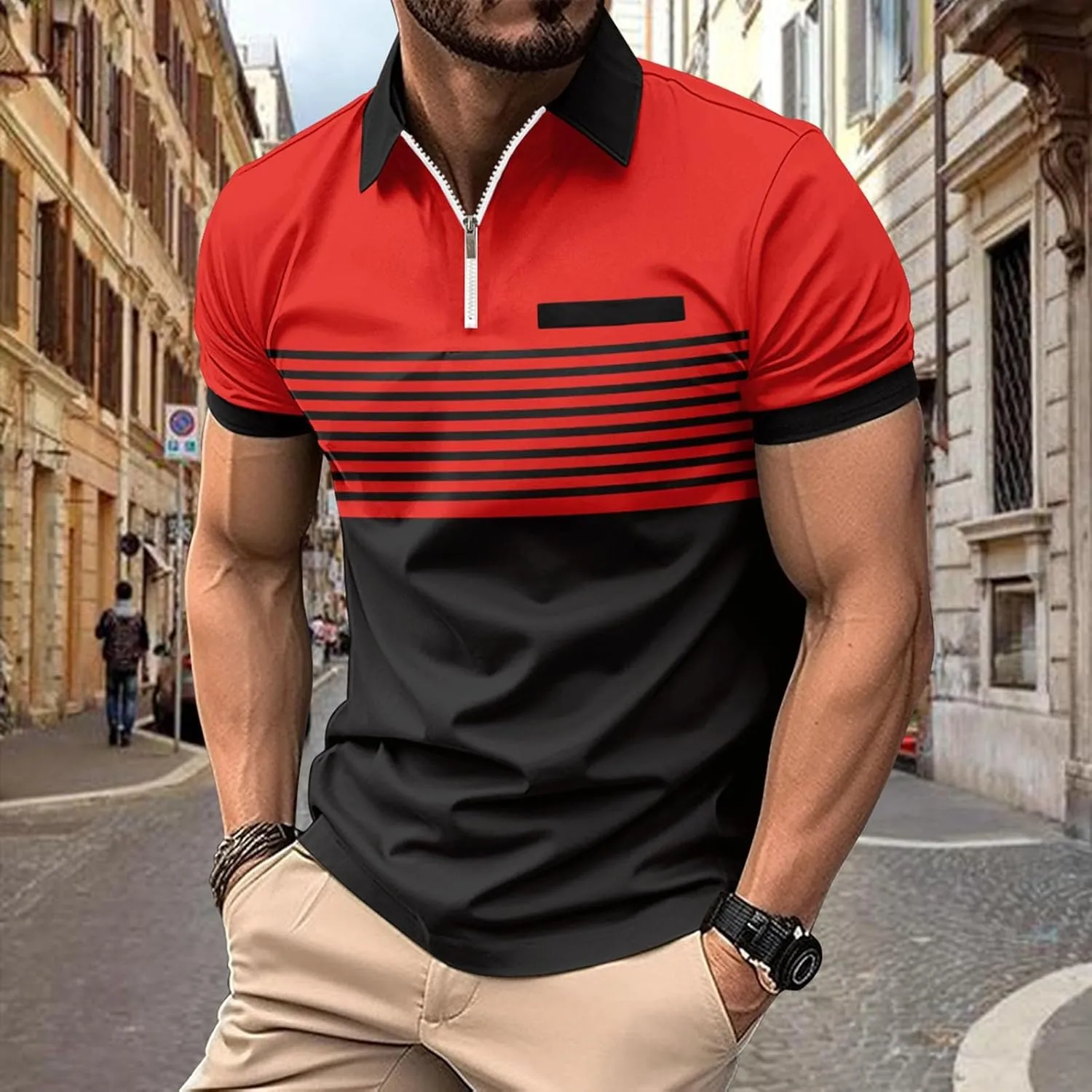 Mens Striped Polo Shirts Short Sleeve Button Up T Shirts for Men Summer Bussiness Leisure Shirts Golf Tops