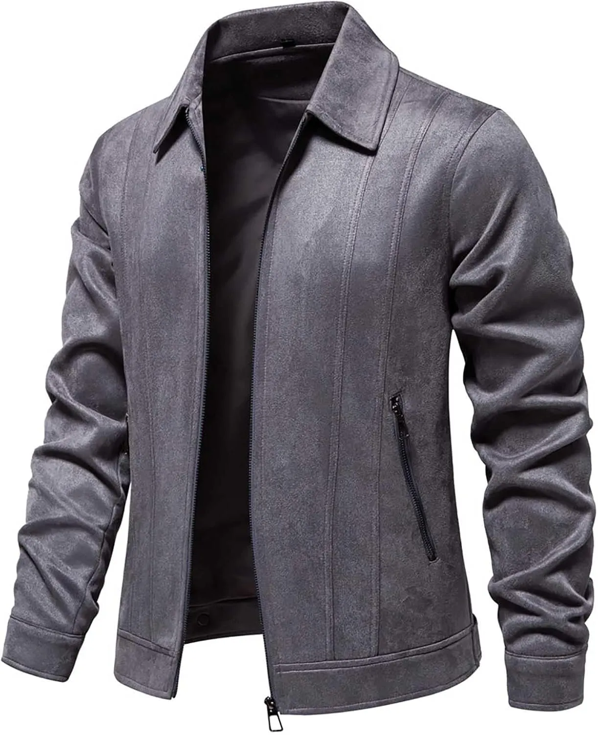 Men's Suede Jacket Spring Fall Full Zip Up Jackets Vintage Faux Leather Coat Outwear with Zipper Pockets for Business
