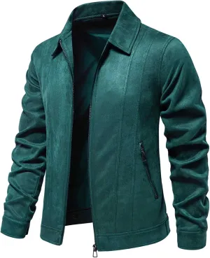 Men's Suede Jacket Spring Fall Full Zip Up Jackets Vintage Faux Leather Coat Outwear with Zipper Pockets for Business