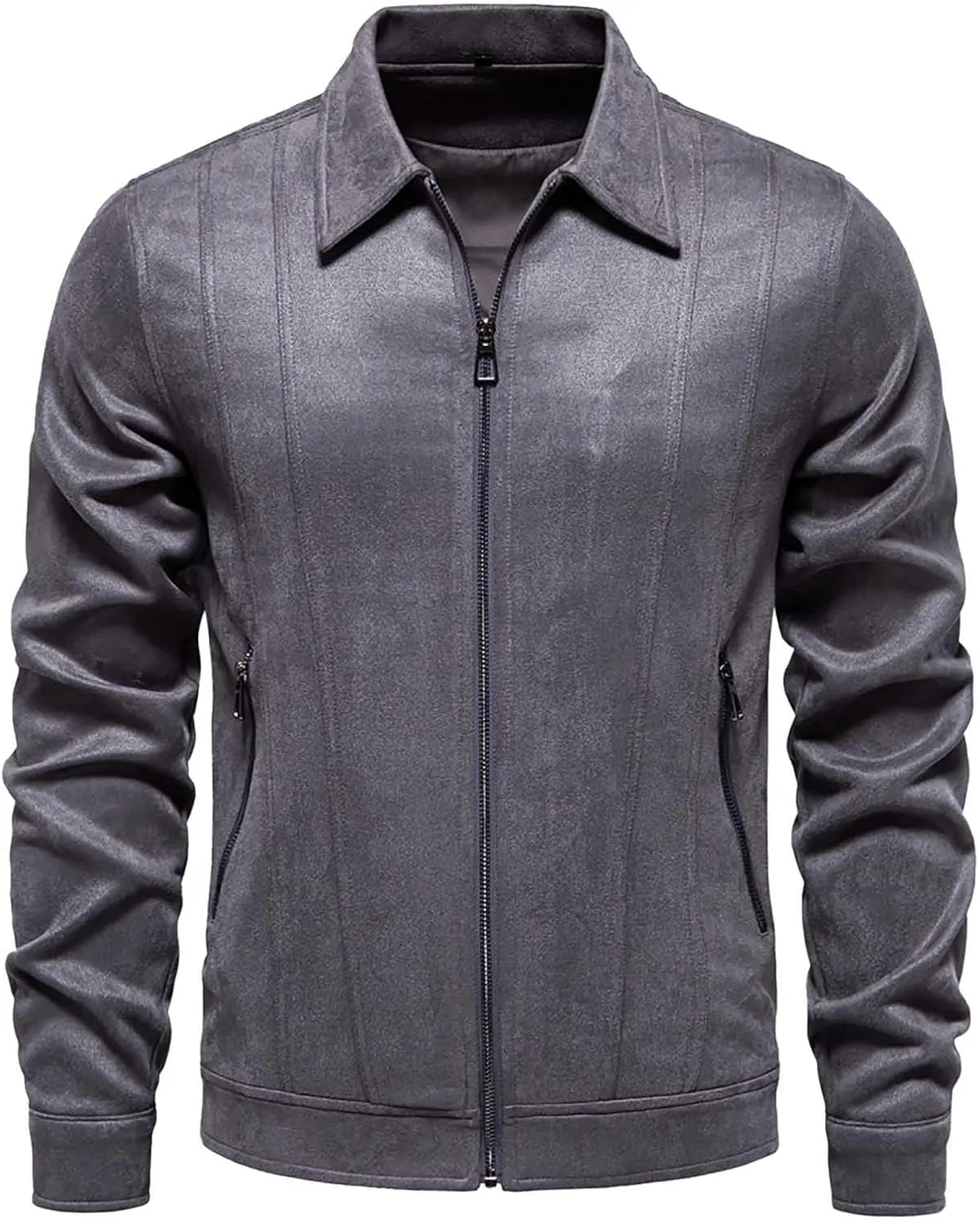Men's Suede Jacket Spring Fall Full Zip Up Jackets Vintage Faux Leather Coat Outwear with Zipper Pockets for Business
