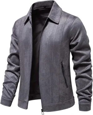 Men's Suede Jacket Spring Fall Full Zip Up Jackets Vintage Faux Leather Coat Outwear with Zipper Pockets for Business