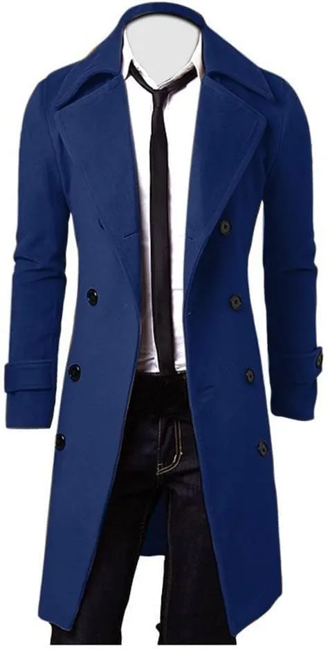 Men's Trench Coat Slim fit Double Breasted Notch Lapel Windbreaker Long Jacket Casual Winter Overcoat Pea Coat
