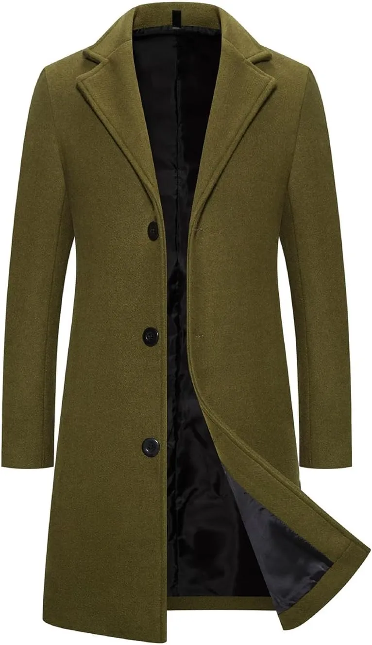 Men's Trench Overcoat Classic Single Breasted Mid Long Trench Coat Top Notched Lapel Collar Pea Coats Jackets for Men