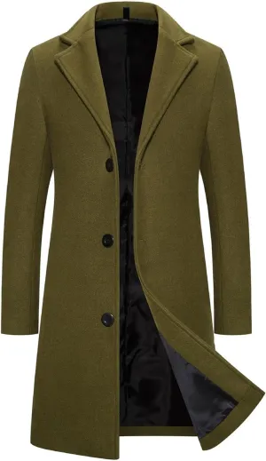 Men's Trench Overcoat Classic Single Breasted Mid Long Trench Coat Top Notched Lapel Collar Pea Coats Jackets for Men