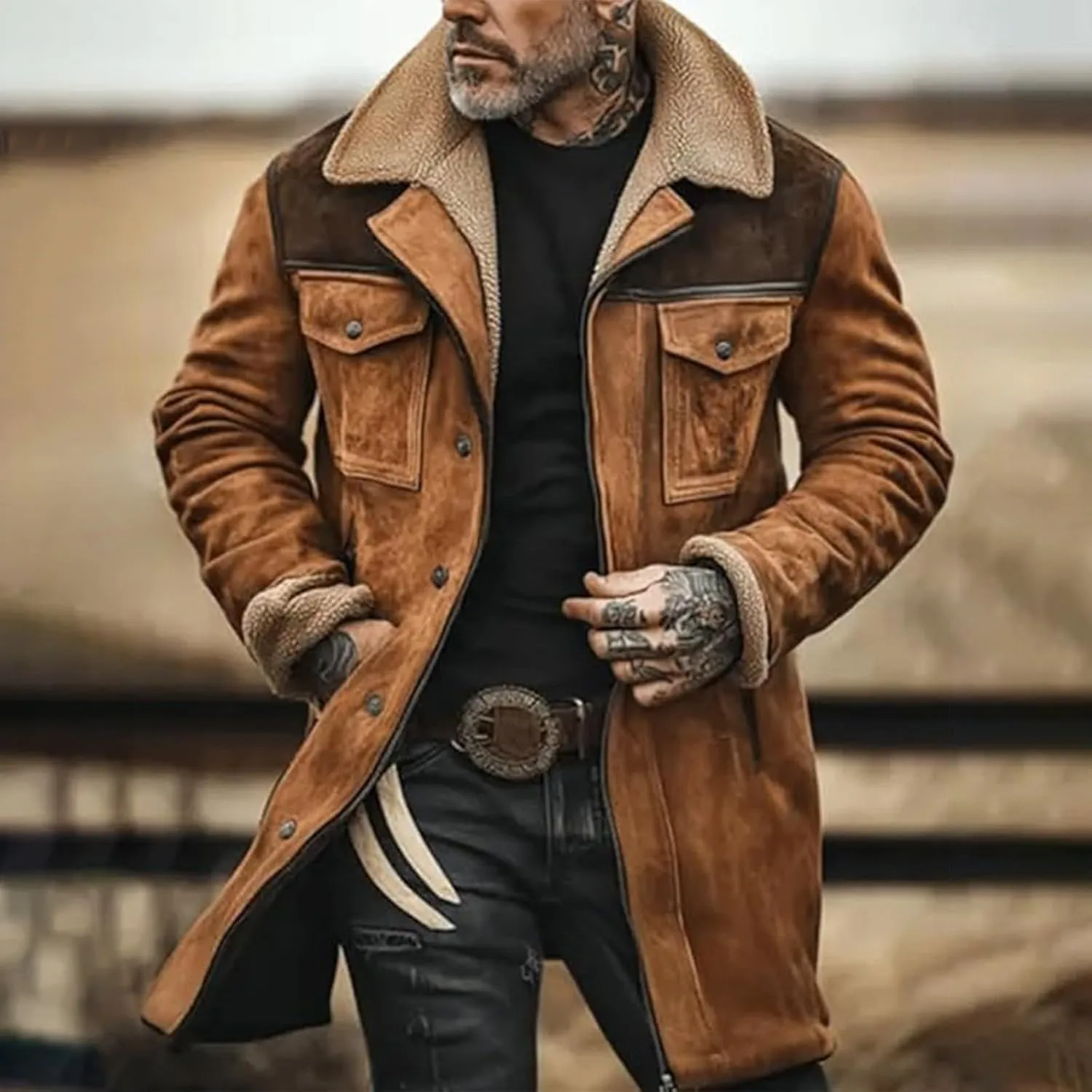 Men's Vintage Suede Jacket Plush Collar Coats Faux Leather Jacket Men Zip Up Motorcycle Jacket Coats Retro Tops