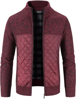 Men's Winter Casual Cardigan Cotton-padded Jacket Stand Collar Knitted Splice Sweater Coat for Coats Men