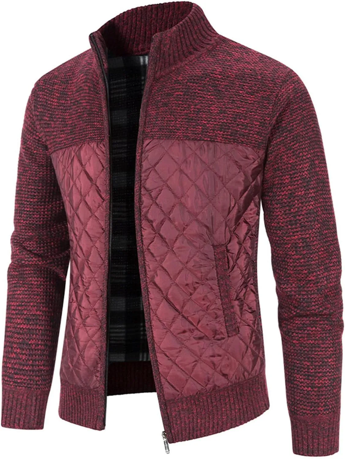 Men's Winter Casual Cardigan Cotton-padded Jacket Stand Collar Knitted Splice Sweater Coat for Coats Men