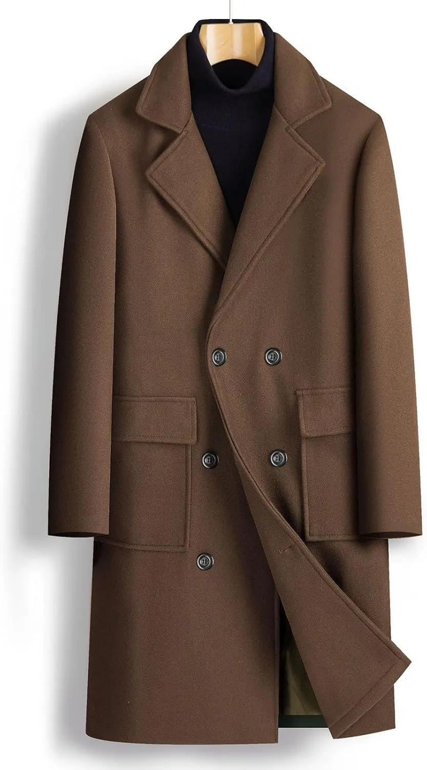 Men's Winter Wool Coats Notch Lapel Double Breasted Long Trench Coat Casual Slim Fit Business Warm Overcoat Peacoat