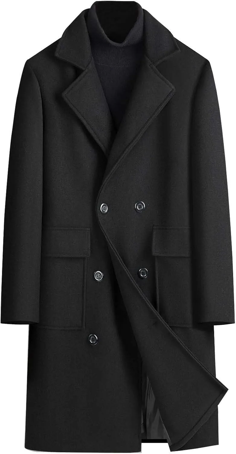 Men's Winter Wool Coats Notch Lapel Double Breasted Long Trench Coat Casual Slim Fit Business Warm Overcoat Peacoat