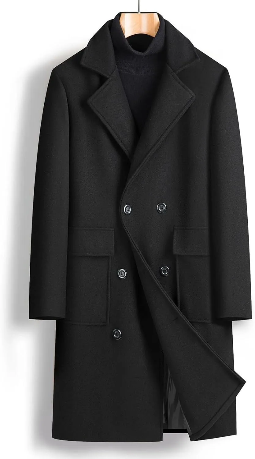 Men's Winter Wool Coats Notch Lapel Double Breasted Long Trench Coat Casual Slim Fit Business Warm Overcoat Peacoat