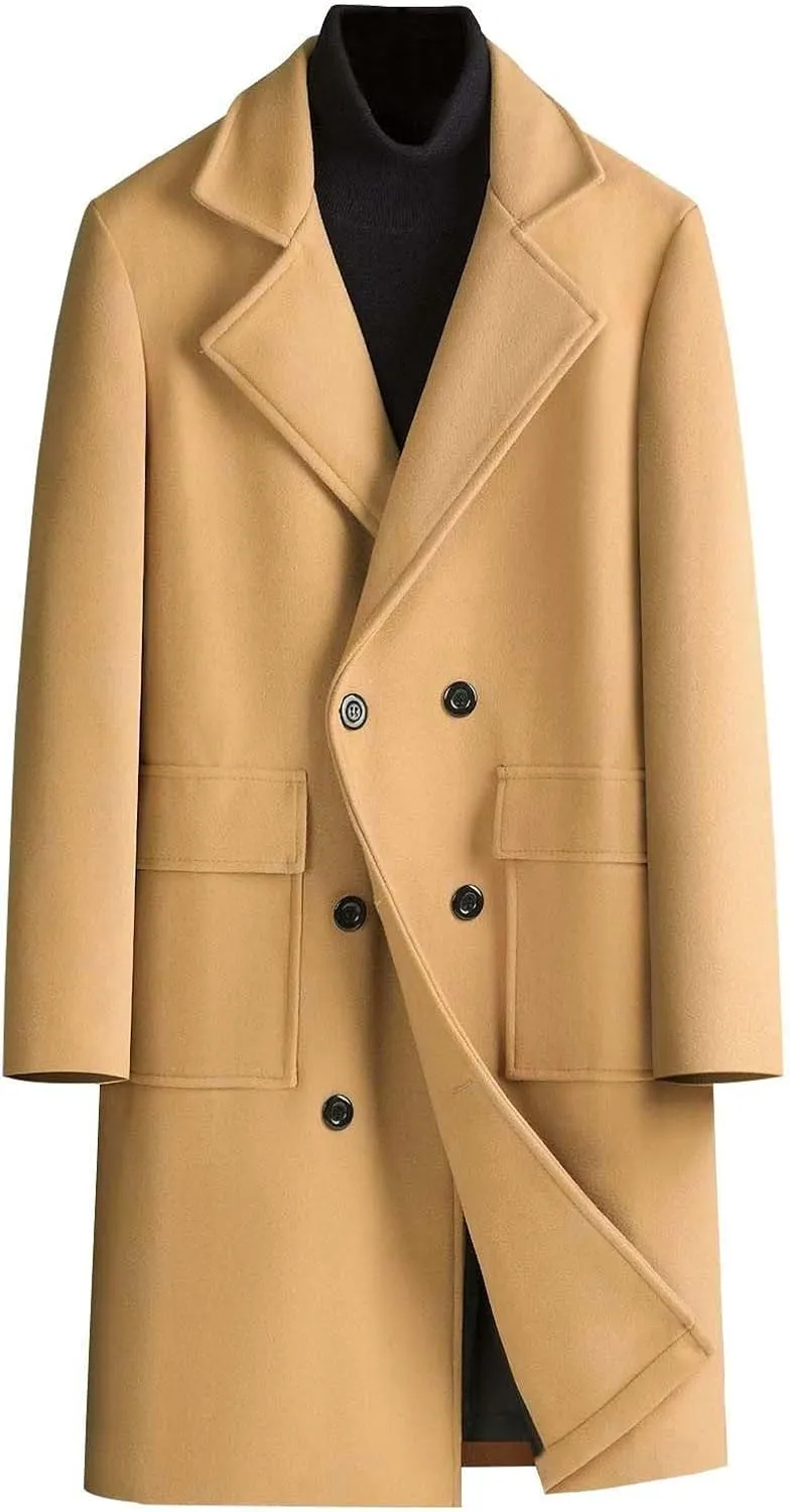 Men's Winter Wool Coats Notch Lapel Double Breasted Long Trench Coat Casual Slim Fit Business Warm Overcoat Peacoat