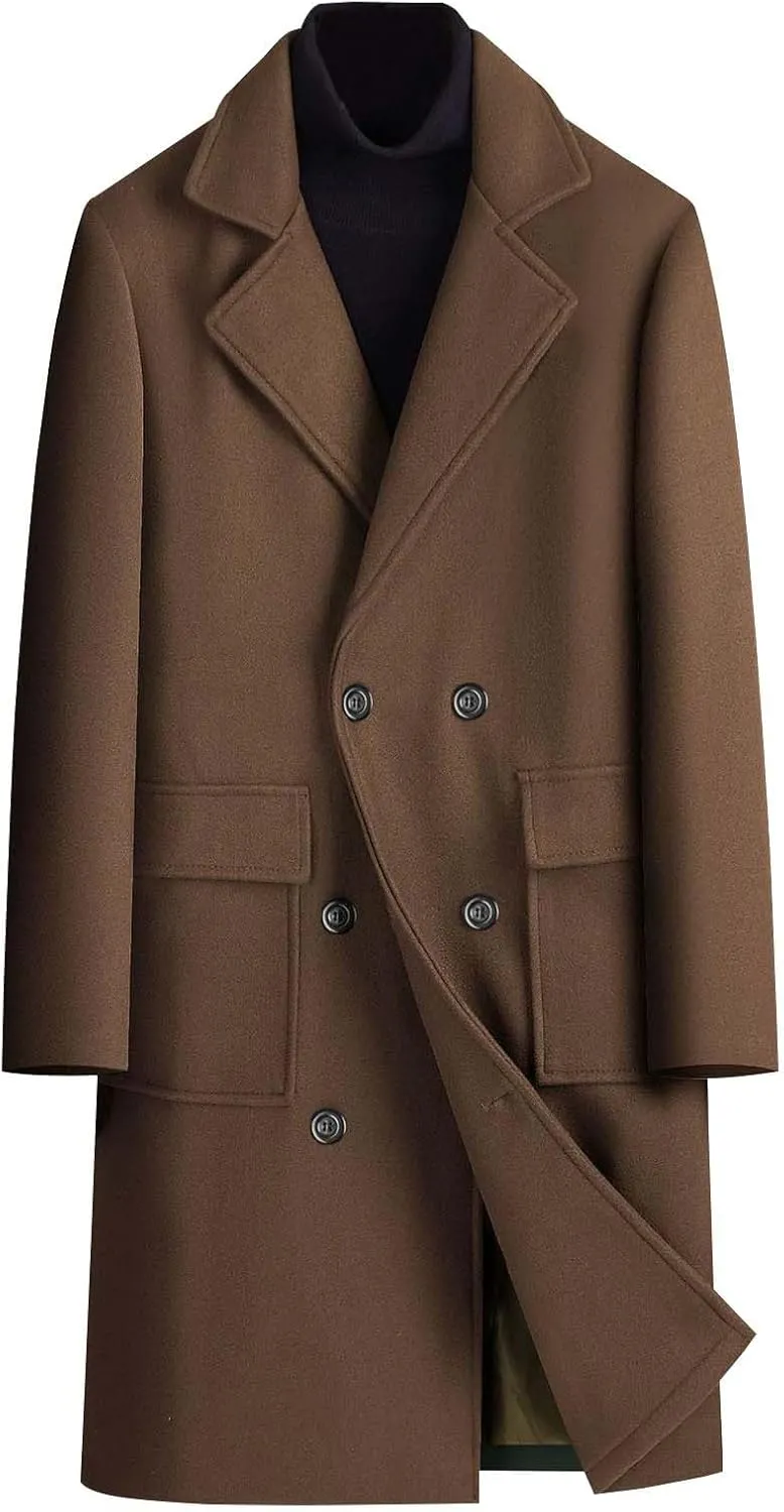 Men's Winter Wool Coats Notch Lapel Double Breasted Long Trench Coat Casual Slim Fit Business Warm Overcoat Peacoat