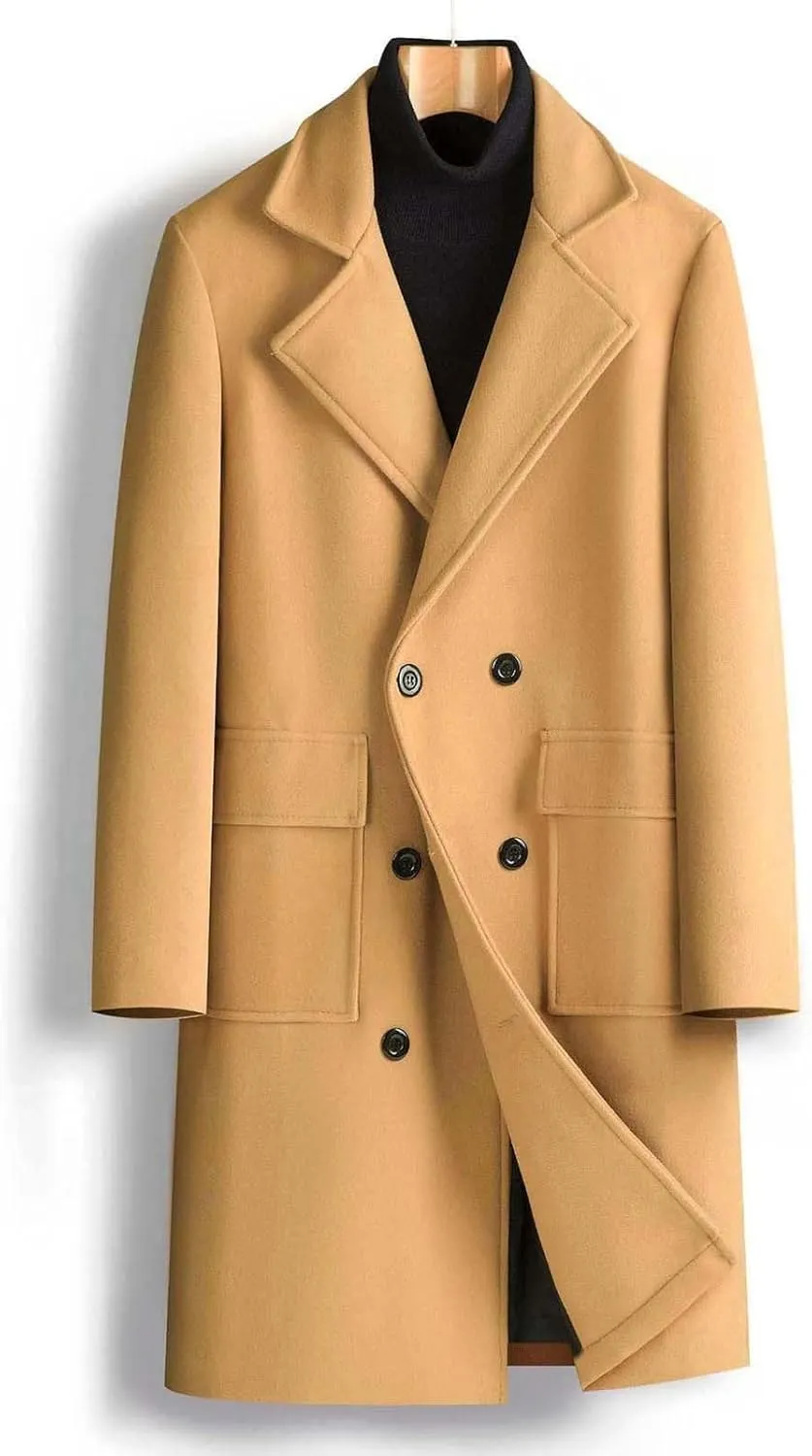 Men's Winter Wool Coats Notch Lapel Double Breasted Long Trench Coat Casual Slim Fit Business Warm Overcoat Peacoat